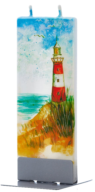 Faro e mare disegnati sulla candela artigianale Flatyz