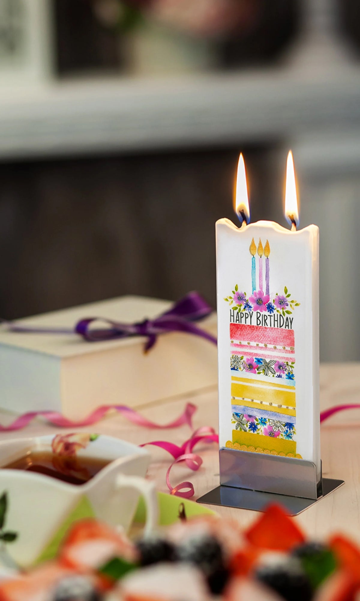 Candela artigianale Torta di buon compleanno con due fiammelle