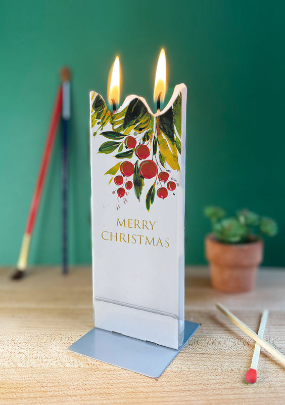 Candela decorativa FLATYZ Buon Natale con bacche rose