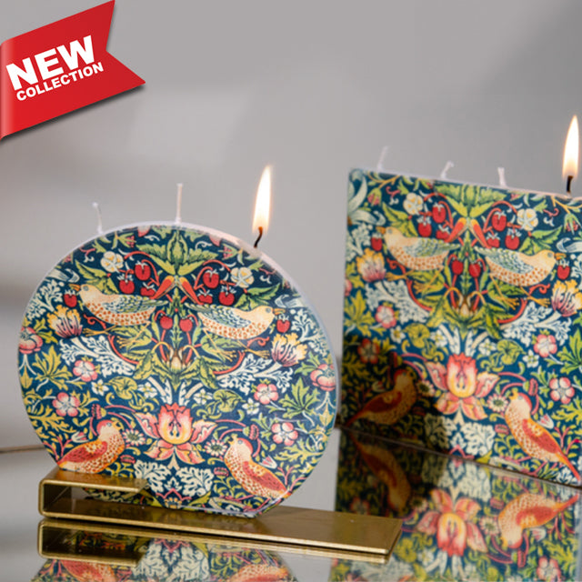 Candela dalla nuova collezione Flatyz Large decorata a mano William Morris - Ladro di fragole