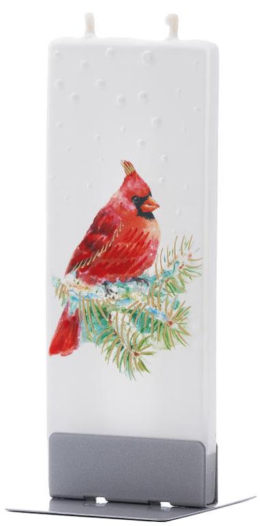 Candela decorativa FLATYZ Cardinale su ramo di pino innevato